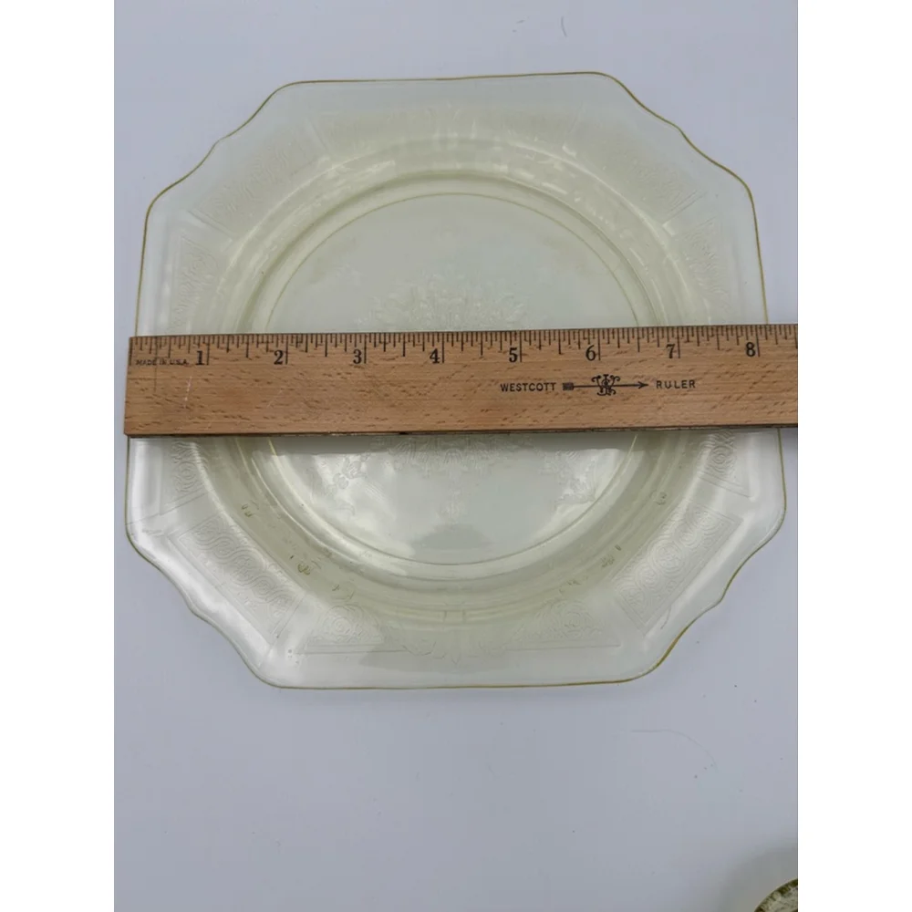 Lancaster Glass | 1930s Jubilee Etched Dinner Plate | Uranium Yellow | 9”